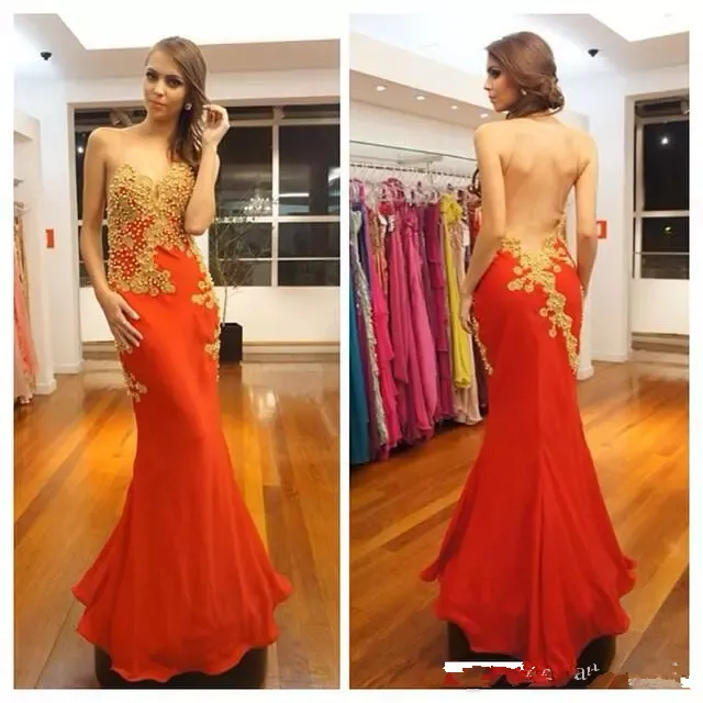Sheer Mermaid Prom Dresses With Gold Lace Appliques Slim Beaded Women ...