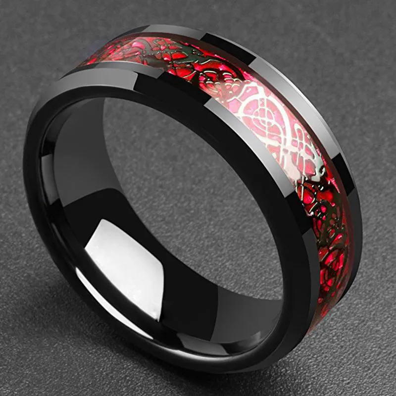 Black Silver 316L Stainless steel Ring Wedding Band blue Carbon Fiber Dragon rings for Men