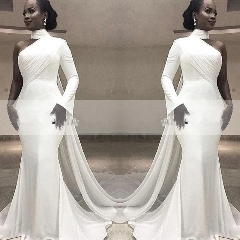 2020 africano branco alto pescoço sereia de cetim vestidos de noite de um ombro ruched varrer trem com envoltório festa Formal Red Carpet Prom vestidos