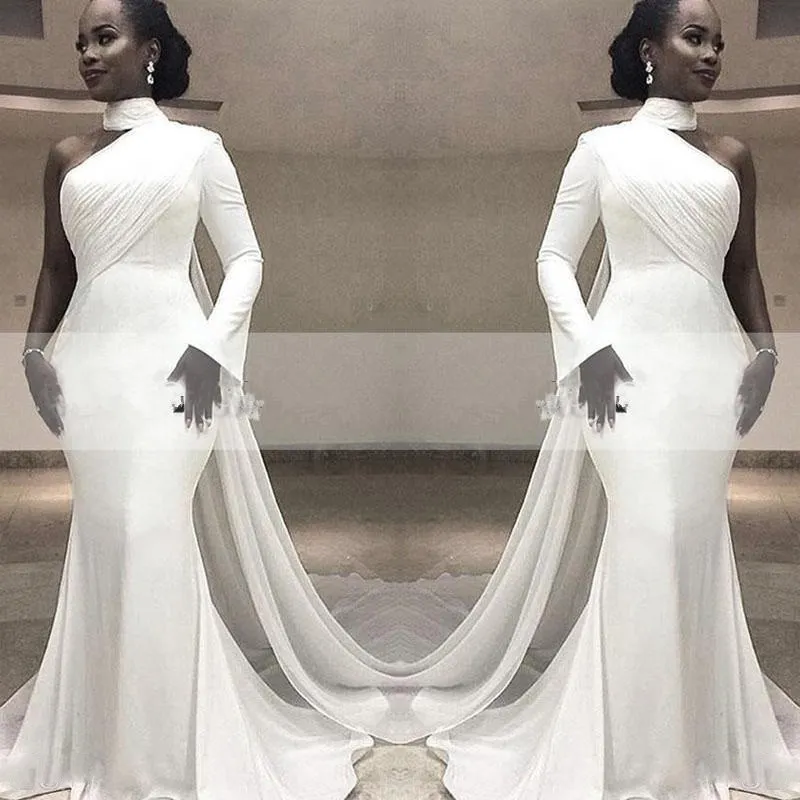 Africano branco alto pescoço cetim sereia vestidos de noite um ombro ruched varredura trem com envoltório festa formal tapete vermelho vestidos de baile