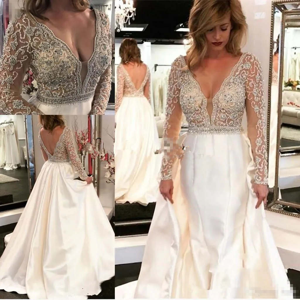 Sexy maniche lunghe A Line Avorio Abiti da sposa Scollo a V in raso con perline Paillettes Backless Beach Abiti da sposa su misura