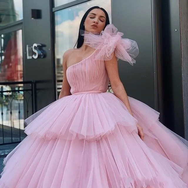 puffy light pink quinceanera dresses Vintage Light Pink One Shoulder Puffy Pink... From Haiyan4419, $166.84