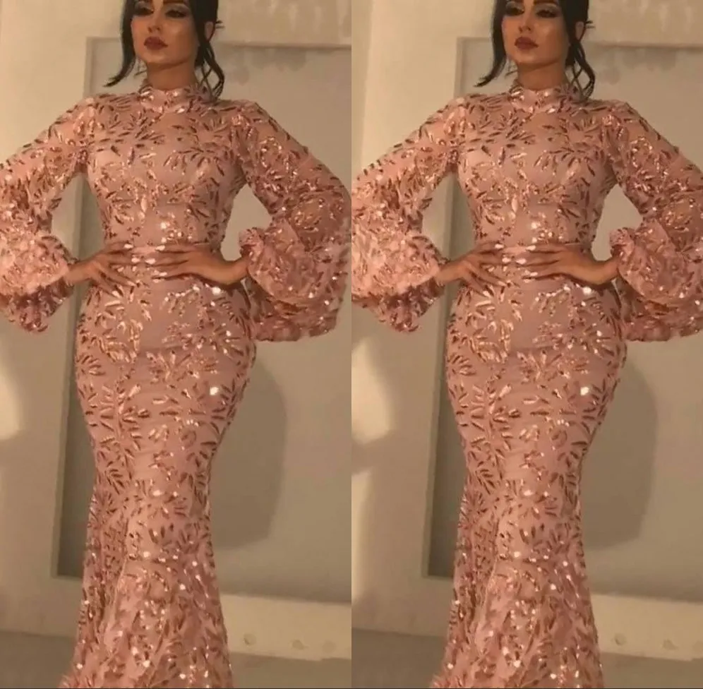 Bling Mermaid Second Hand Prom Dresses 2021 Arabic Style, High Neck, Long Sleeves, Sequins, Plus