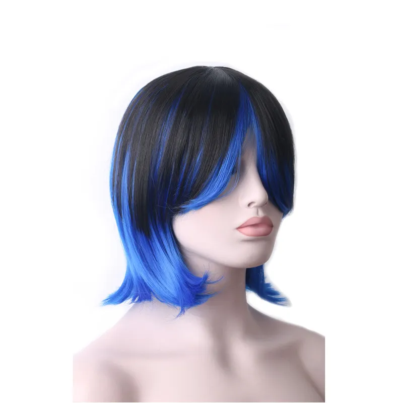 Woodfestivale BLCAK Breve parrucche dritte con Bangs Wigs Blue Womm Donne Parrucca di colore misto Party per capelli sintetici