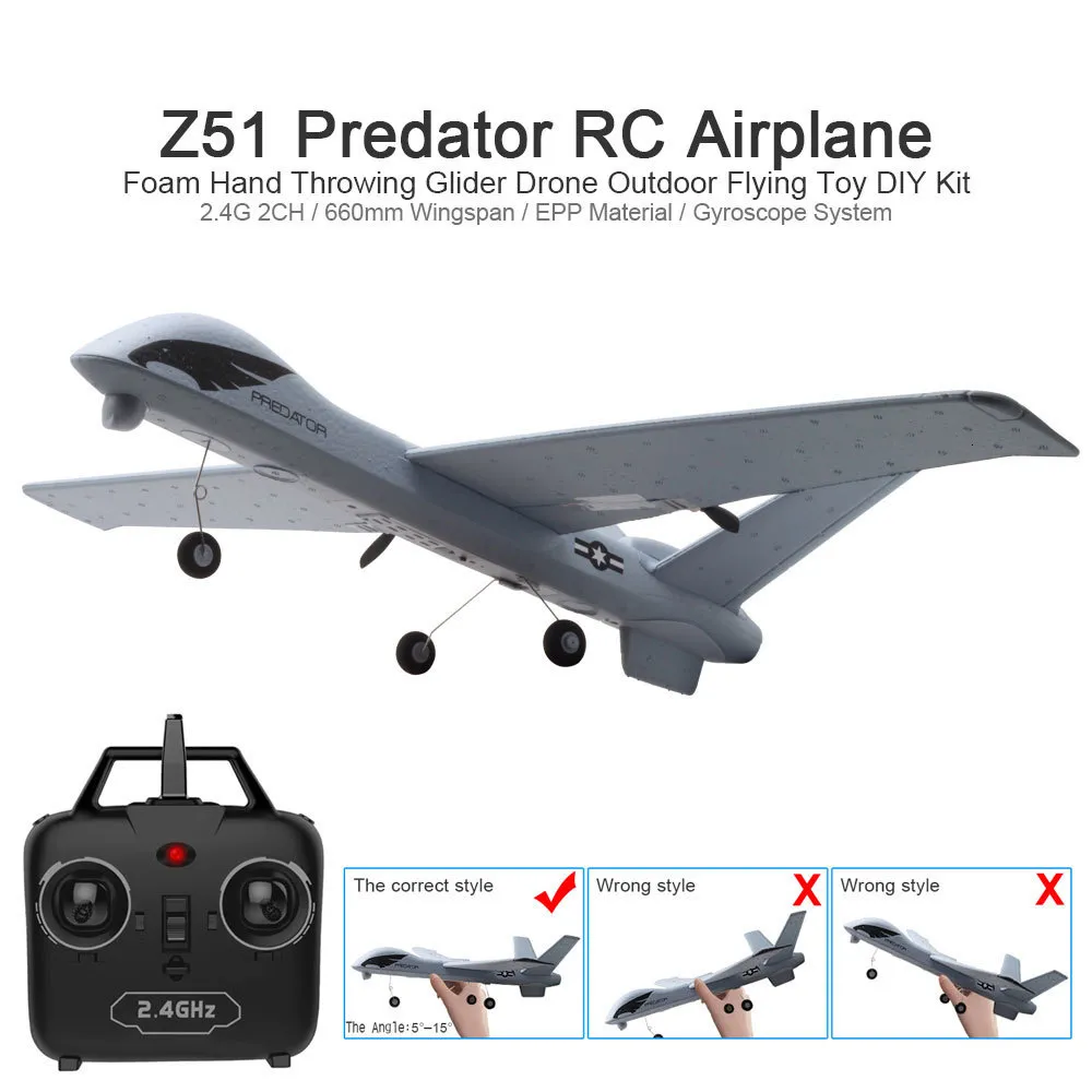 RC Airplane Plane Z51 med 2MP HD-kamera eller ingen kamera 20 Minuter Fligt Time Segelflygplan med LED Hand Kasta Wingspan Foam Plane