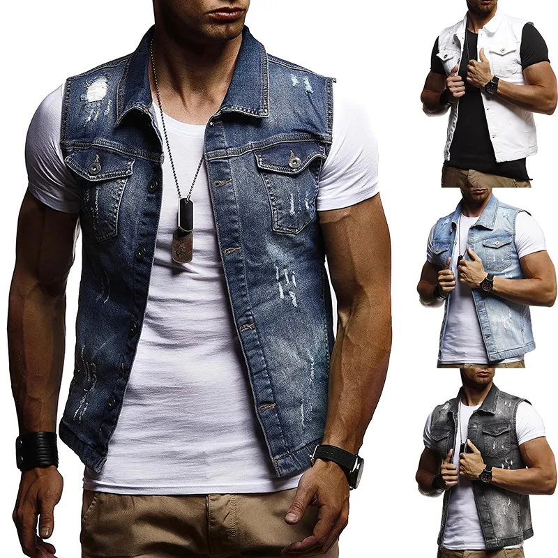 Drop Shipping Denim Vest Men 2019 Fashion European Hole Solid Color Waistcoat Washed Sleeveless Jacket Blue