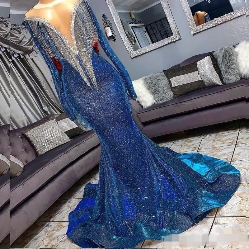 Robes de soirée scintillantes de sirène bleue perles glands pure plongeant col en V balayage train manches longues sur mesure robe de soirée de bal formelle