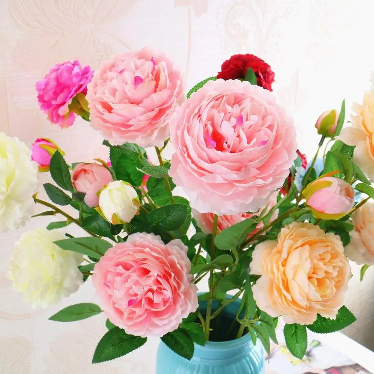 Fashion 3 Heads 65 * 8cm Konstgjorda blommor Peony Bouquet 12Colors Silk Bridal Bouquet Levande Fake Rose For Wedding T2i256