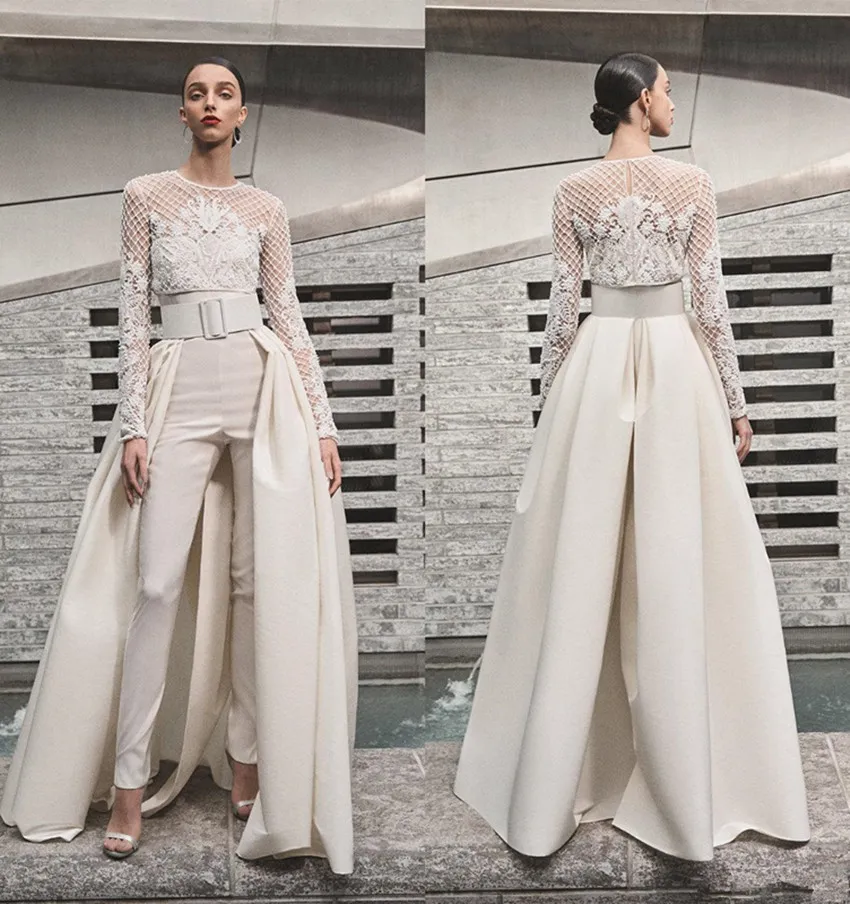 Beach Wedding Dresses Women Jumpsuits With Detachable Skirt Satin Sweep Train Sweetheart Country Bridal Gowns With Jacket Long Sleeve 4375