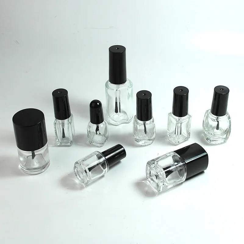 Empty Clear Glass Gelish Nail Polish Bottle Nail Oil Bottles 5-8-10-12-15ml Round Square Shape with Black Plastic Screw Cap