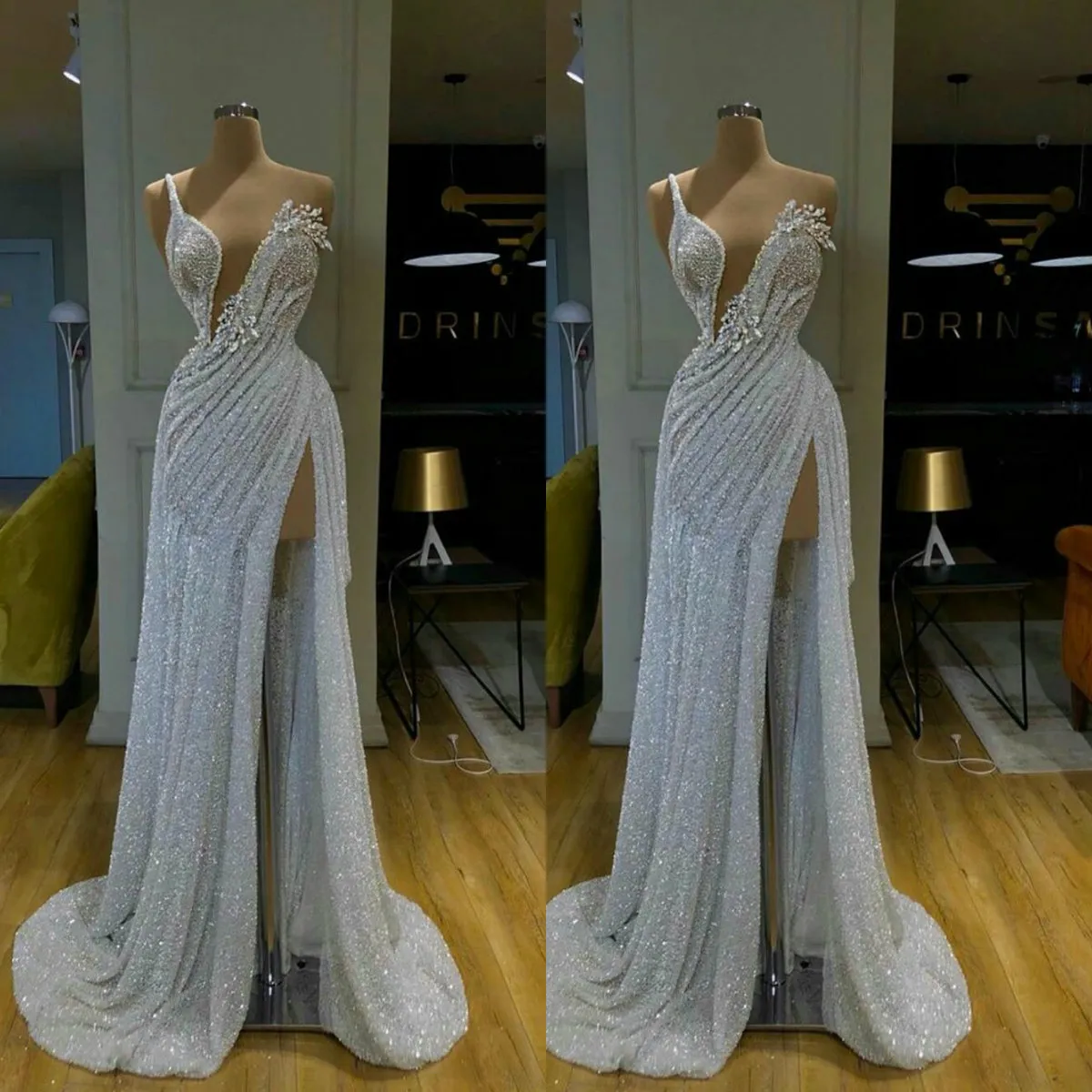 2020 Glitter Sexy One-shoulder Luxury Evening Dresses High-slit Ruched Sequined Beaded Prom Dress Sweep Train Custom Made Party Pageant Gown