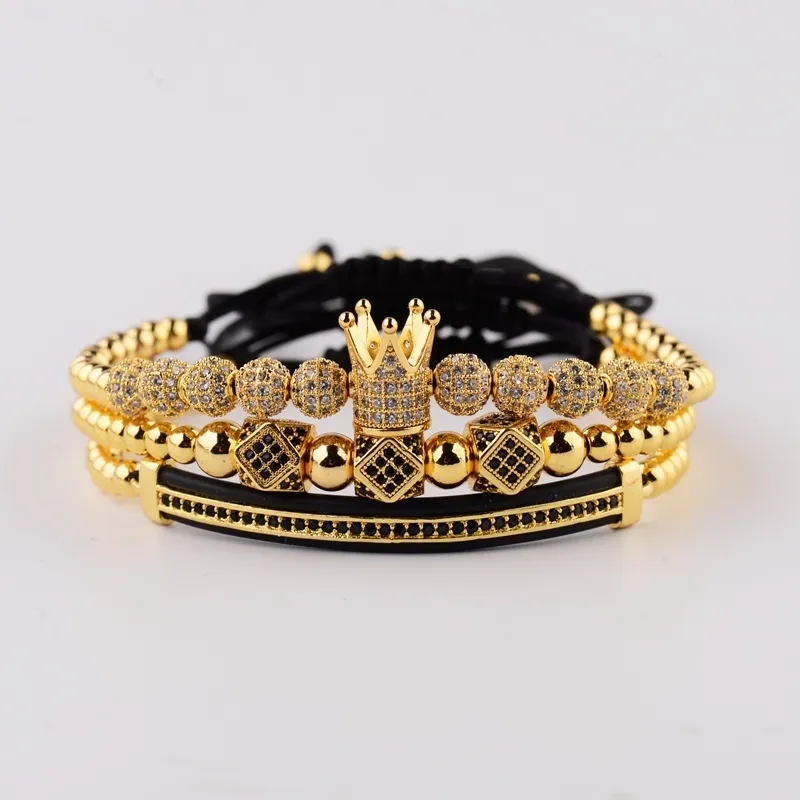 Amader 3pcs / set Luxe Cz Boule Couronne Charme Cuivre Perle Macramé Bracelets Hommes À La Main Long Tube Ensemble Braceletsbangles Pour Femmes C19021501