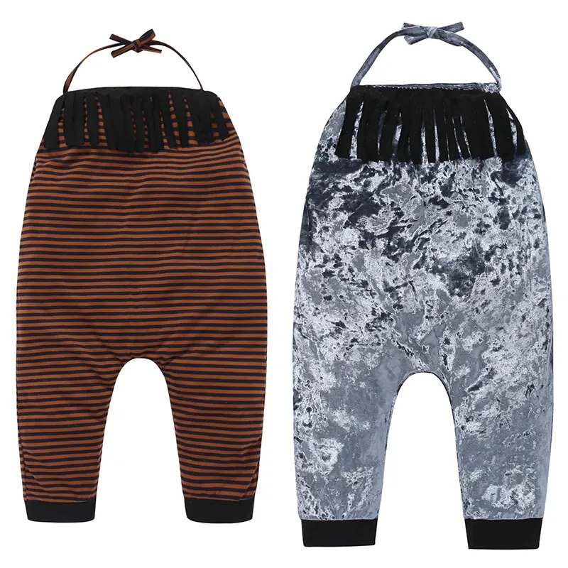 Baby Girls Tassel Jumpsuits Sling Lace Striped Splice Kids Designer Clothes Girls Clothing Infant Toddler Overalls Romper M1592