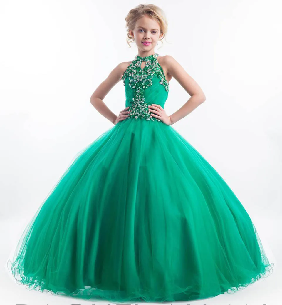 Goedkope meisjes Pageant Jurken voor Tieners Hoge Sleutelgat Hals Crystal Pearl Beades Green Long Size 13 Party Lange Kids Bloem Meisjesjurken