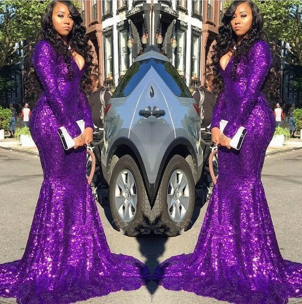 Purple V Neck Sequins Mermaid Long Prom Dresses Sparkling Long Sleeves Ruched Formal Celebrity Evening Party Gowns Plus Size BC4023