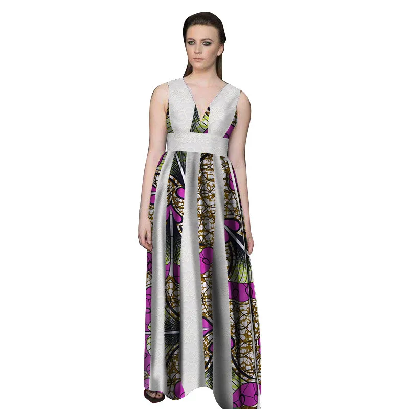 2019 afrikanische Bazin-Kleider für Frauen, afrikanische ärmellose Kleider für Frauen, O-Ausschnitt aus afrikanischer Kleidung, Wachs-Dashiki-Stoff, WY2912
