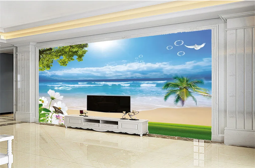 3d Beach Wallpaper's beautiful flowers romantic beach landscape wallpaper 3D Wall Paper Home Decor Custom