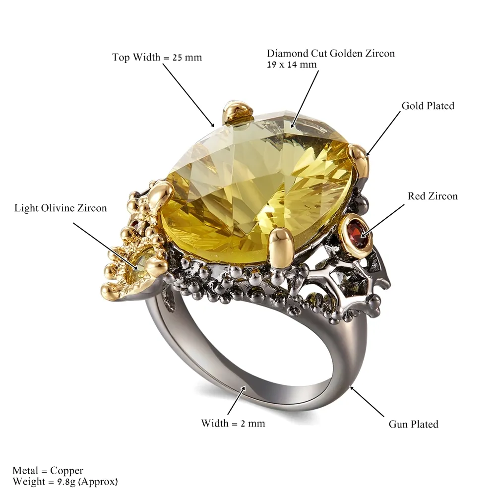 Fashion- Oval Golden Crystal CZ Ring Yellow Cubic Cyrkonia Biżuteria damska miedziana biżuteria Duży koktajl