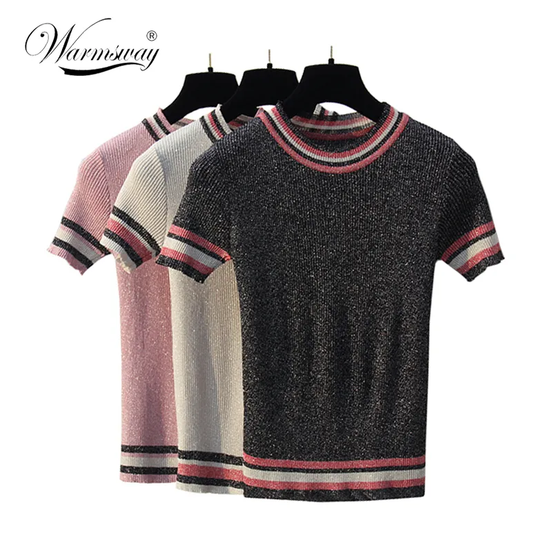 2018 New Summer lurex T-Shirt European Style black tinsel T Shirt Women Street Wear Striped Casual Tee Shirts B-054