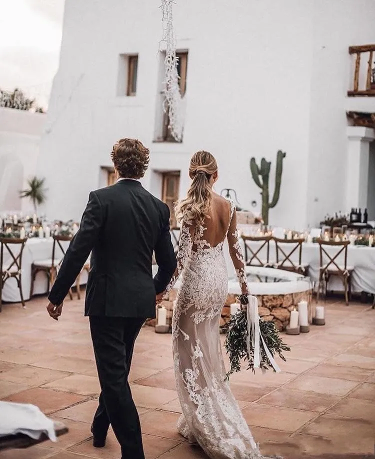 Boho Lace Mermaid Wedding Boho Wedding Dress - Vintage Country Style with Long Sleeves for Spring Brides