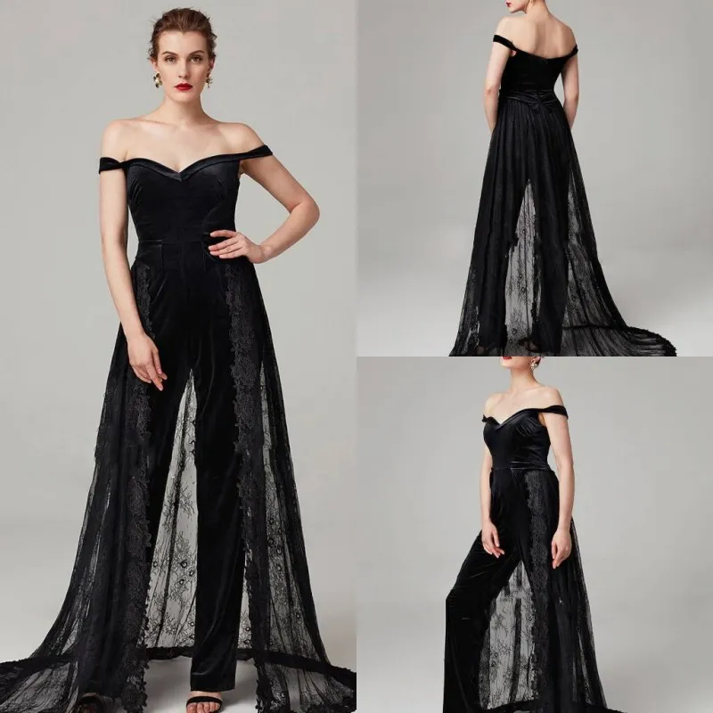 2020 combinaisons noires robes de soirée velours avec détachable Tarin dentelle robe de bal balayage Tarin robes d'occasion spéciale