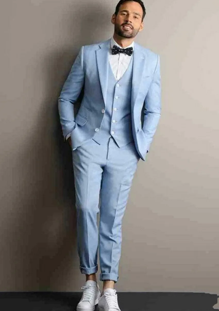 Azul claro Novio Esmoquin Muesca Solapa Padrino de boda Esmoquin Hombres Chaqueta de fiesta de graduación Blazer Traje de 3 piezas (Chaqueta + Pantalones + Corbata + Chaleco) 2270