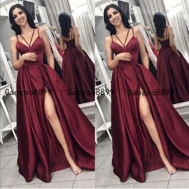 abiti formali sexy alta bordeaux Side Cocktail Prom Dresses Split abiti del partito Criss Cross cinghie su misura sera elegante cerniera posteriore