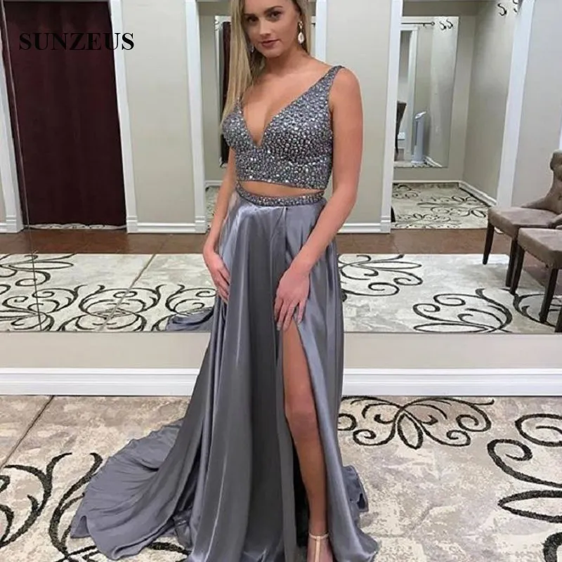 Rhinestones Beaded Two-Piece Grey Long Prom Dress with Side Slit for Girls  Graduation from Dhgate Prom Dresses - price 189.95