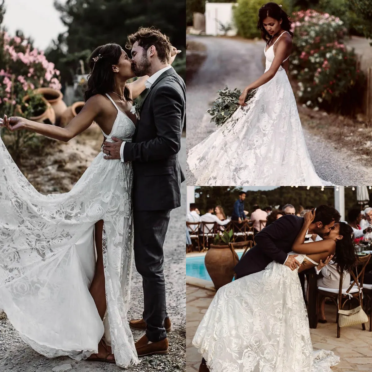 2019 Boho Beach Bröllopsklänningar Backless Lace Side Split Sweep Train Sexig Vestido de Novia Custom Made Billiga Bröllopsklänningar
