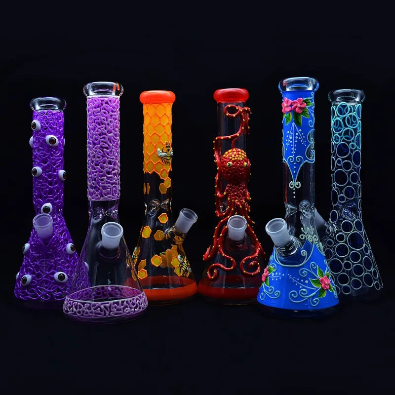 Glow In The Dark Beaker Bong 11 inch 5mm New Design Glass Water Pipe Cool Hand Painting Dab Rig Oil Rig