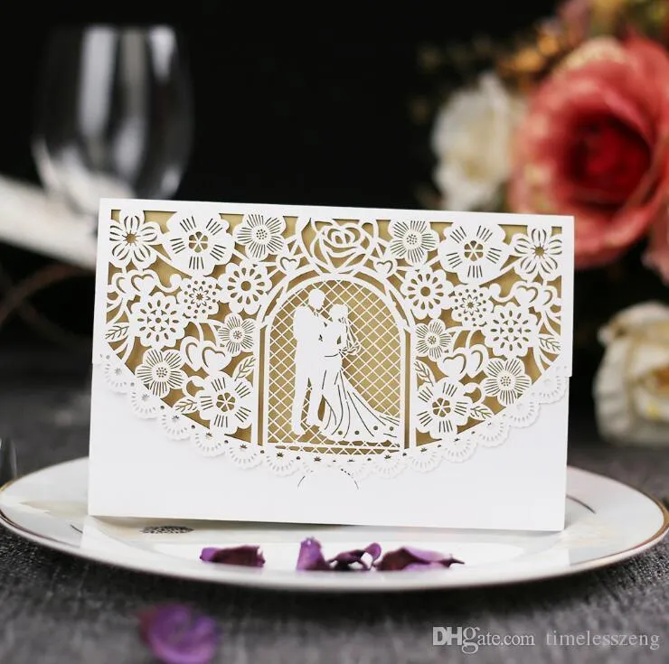 Elegant brud och brudgum Bröllopsinbjudningskort med kuvert Modernt ihåligt ut Laser Cut Cover Personlig Party Invites Card