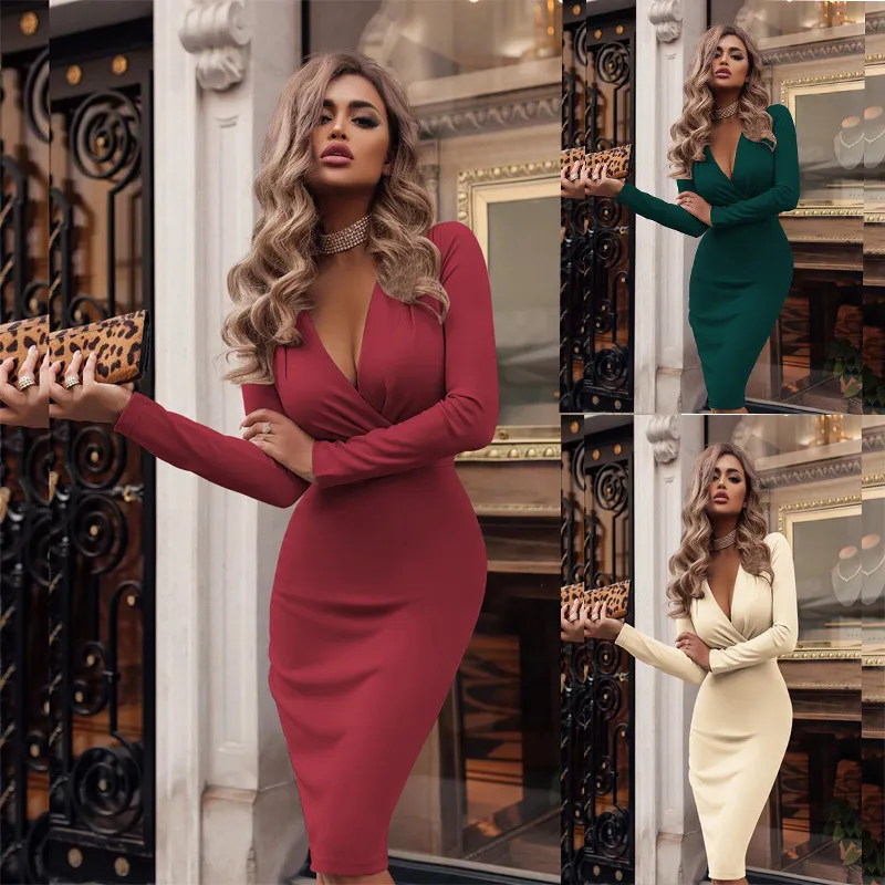 7 Colors Women Dresses Bodycon Dresses Autumn And Winter Long Sleeve Sexy Deep V-Neck Party Mini Dress Ladies Solid Color S-XXL