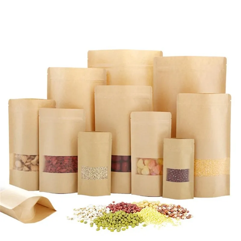 100 pcs / lot Kraft Sac de papier alimentaire Sacs à l'épreuve de l'humidité de l'humidité Placez les pochettes de scellement réutilisables avec fenêtre transparente