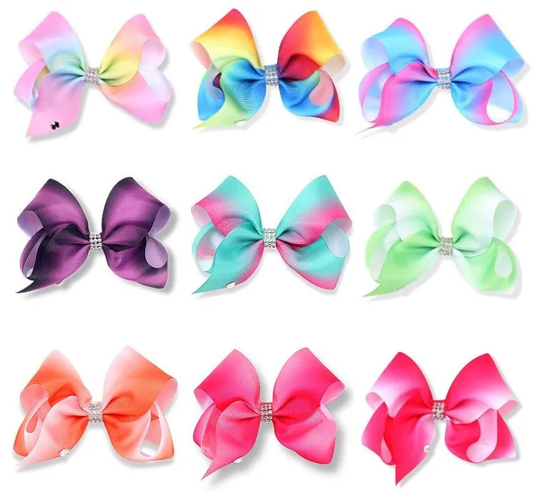 5 inches Jojo siwa Hair bows Flowers Rainbow Color Baby Girls Hair Clips with rhinestone Jojo bows hairpins Hair Accessory