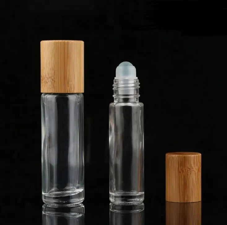 5 ml 10ml Essential Oljediffusor Klar glasrulle på flaska med naturlig bambu keps rostfritt stål rullboll sn4351