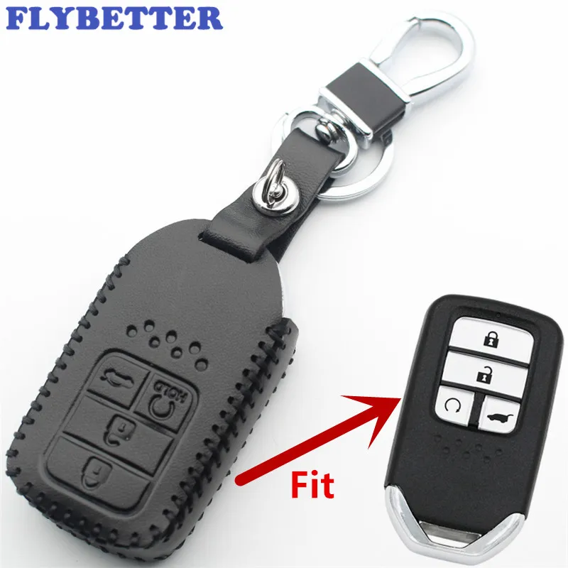 FLYBETTER Honda Accord / URV / CRV / Civic Car Styling L396 용 정품 가죽 4Button 열쇠가없는 항목 스마트 키 케이스 커버