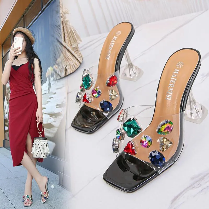 colorful big rhinestone transparent sandals women crystal high heels slippers ladies clear night club shoes diamond sandalias