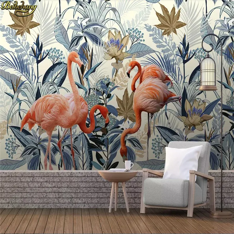 Beibehang Benutzerdefinierte Tapete im europäischen Stil, handbemalte tropische Pflanzen, Flamingo, nahtloses Mosaik-Hintergrundwandgemälde