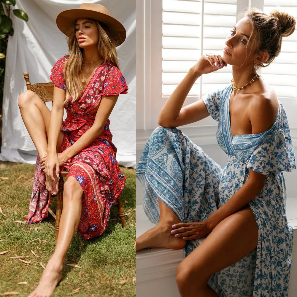 Women Boho Floral Long Maxi Dress V-Neck Floral Split Dress Summer Beach Sundres