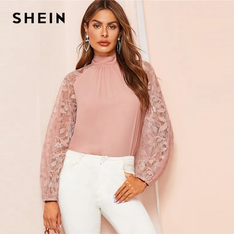 Laço Rosa Shein Contraste Lace Raglan Da Luva Gravata Blusa Bishop