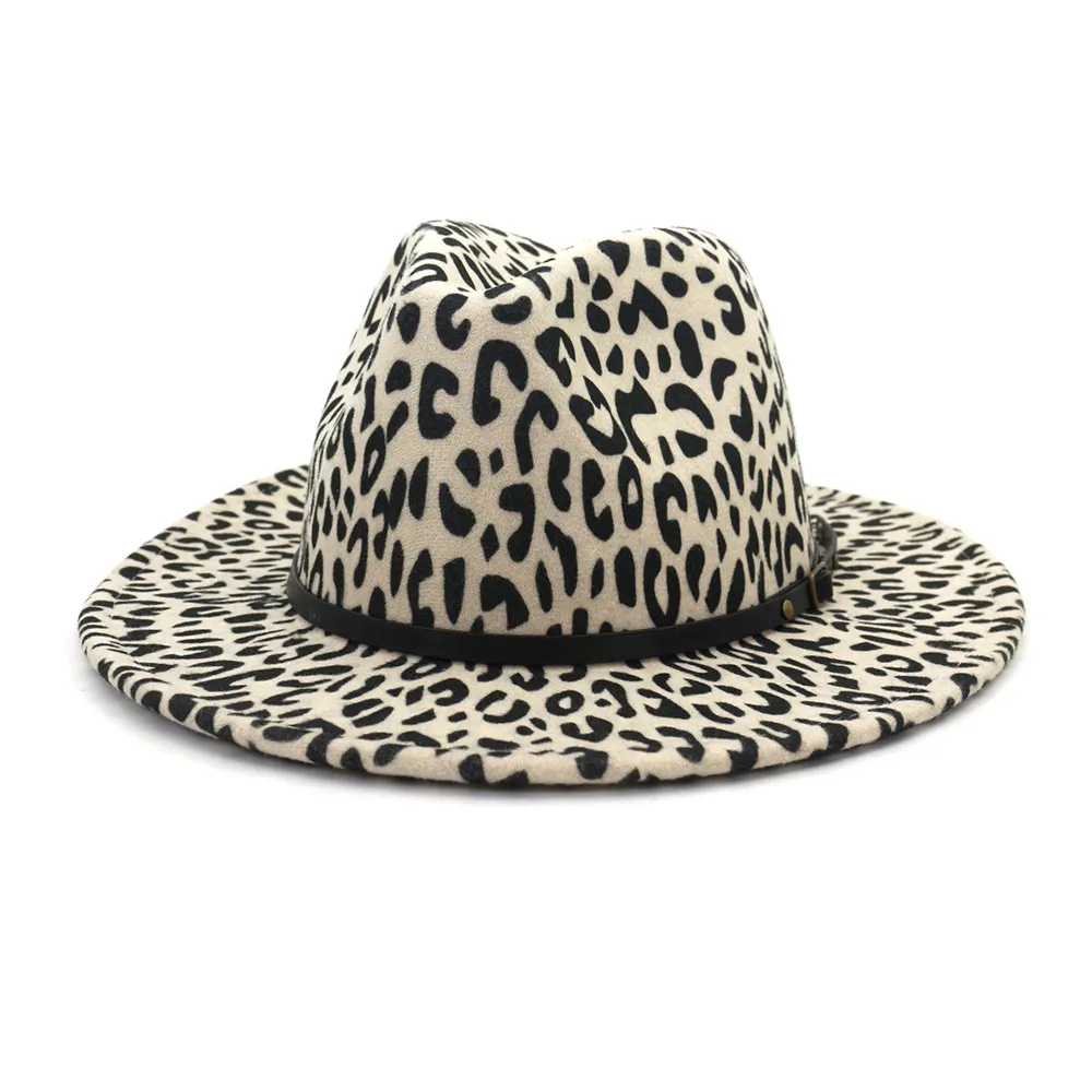 Sombrero Fedora de Panamá de ala ancha Vintage para exteriores para hombres y mujeres, sombreros Fedora de fieltro, gorras con estampado de leopardo, gorra Trilby de Jazz de 60 CM