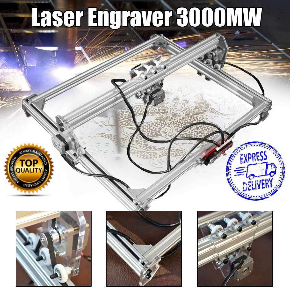 50 * 65cm Mini 3000mW Mavi Lazer Gravür Engraver Makinesi DC 12V DIY Masaüstü Ahşap Kesici / Yazıcı / Güç Ayarlanabilir + Lazer Gözlük