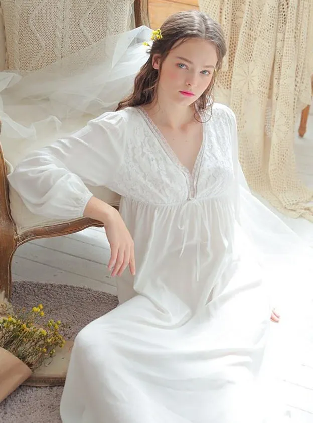 Vintage Sexy Sleepwear Women Cotton Medieval Nightgown White Deep