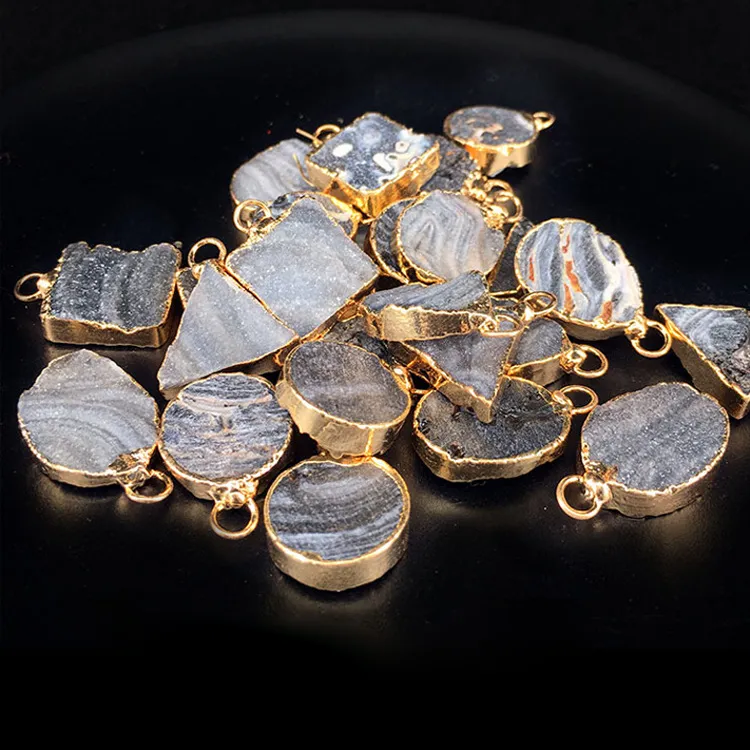 Smycken halsband hänge agat kristall triangel oval fyrkantig droppformad förgylld kant dubbel hängande hål DIY