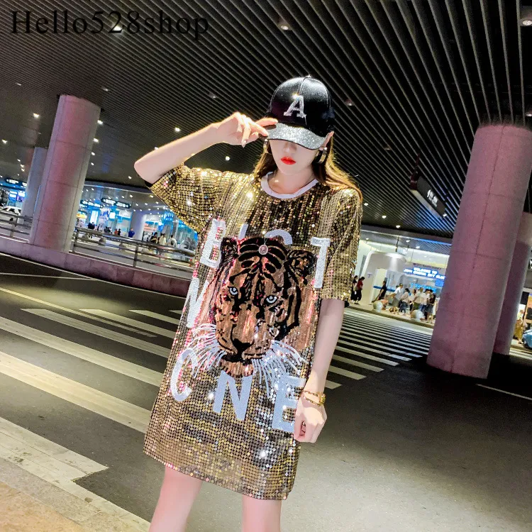 HELLO528SHOP 2019 Bayan T Shirt Elbise Gevşek Kaplan Kafası Desen Gömlek Sequins Parlayan Tasarımcı Bayan Gece Kulübü Tops