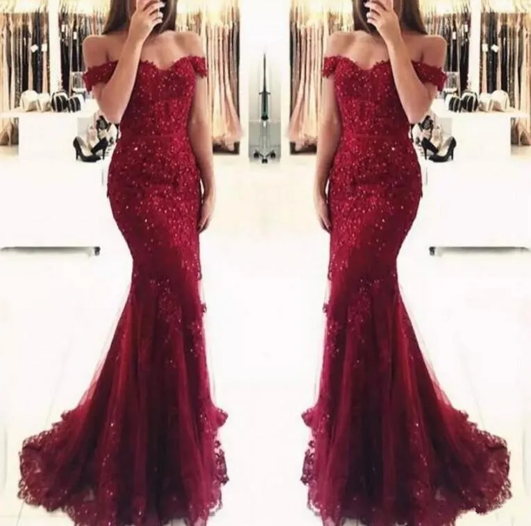 Juneoesque Burgundy Lace Mermaid Sukienki balowe aplikacje z koralików cekiny długie suknie balowe sukienki wieczorowe tanie zużycie 253s