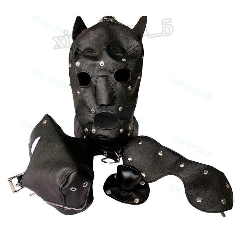 Bondage Dog Harness Head Hood Faux Leather Volledig GIMP verwijderbare blinddoek hoofddekselmasker #R45