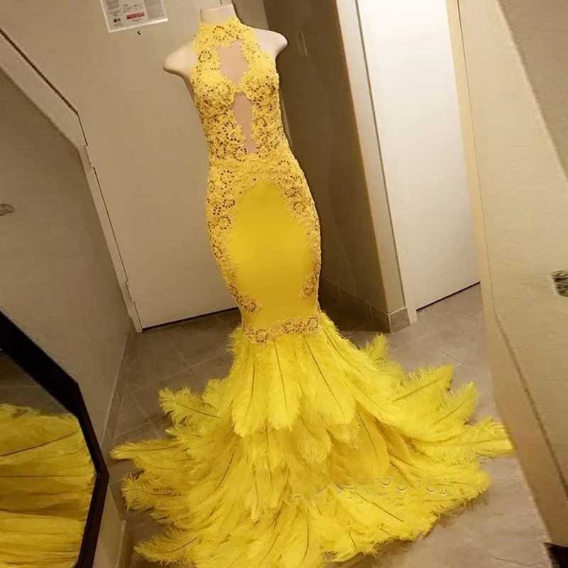 Yellow High-Neck Mermaid Yellow Mermaid Prom Dress 2022 with Lace Sequins, Feather Illusion, and Party Gown Style