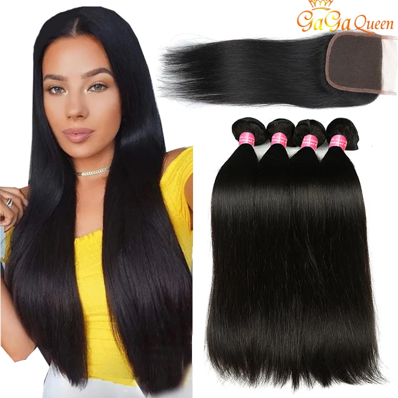 28 30 INCH Gagaqueen Brazilian Straight Hair Bundles With Closure 3 Bundles Human Hair Extensions 4x4 Lace Closure With Brazilian Straight Hair