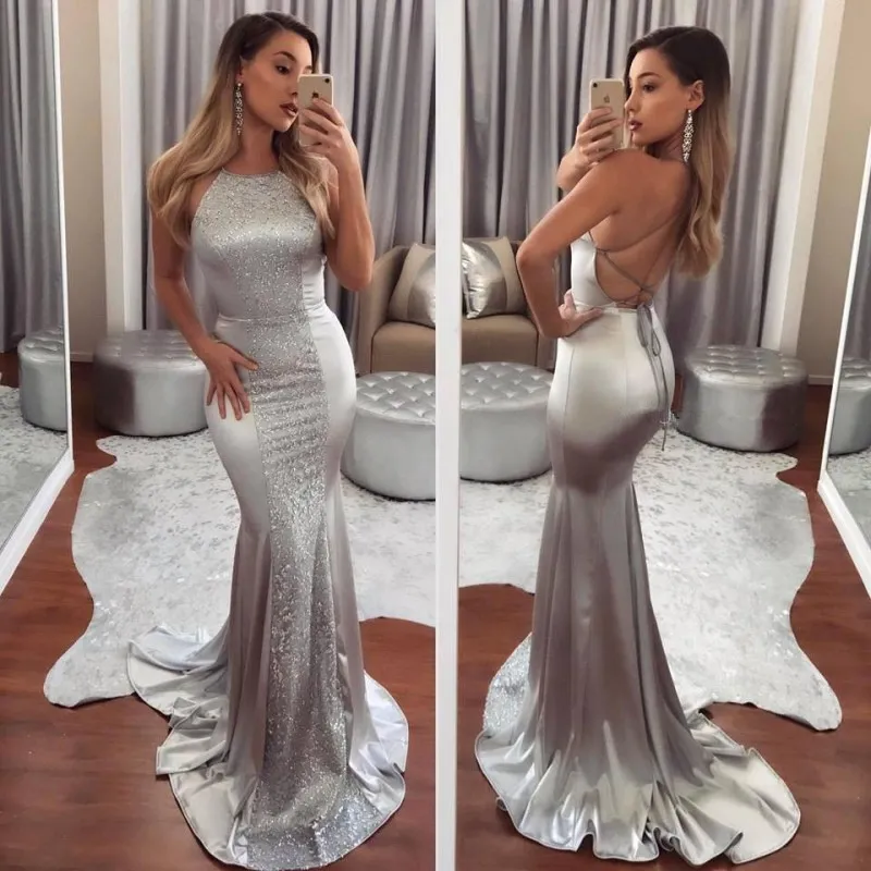 2019 nouvelle mode argent queue de poisson robe de soirée licou dos nu balayage train dentelle et soie imité comme satin robes occidentales robes de soirée